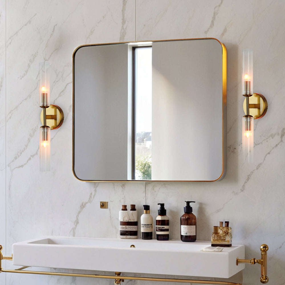 Antique Bronze Double Tube Sconce with Ribbed Glass Shades and Cylindrical Design for Durable Indoor Lighting