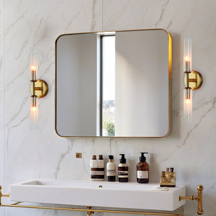 Antique Bronze Double Tube Sconce with Ribbed Glass Shades and Cylindrical Design for Durable Indoor Lighting