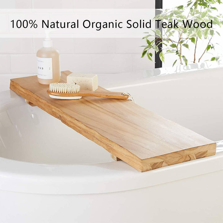 Rustic Teak Wood Bath Caddy Rack with Adjustable Track and Unique Live Edges for Elegant Bathroom Accessories