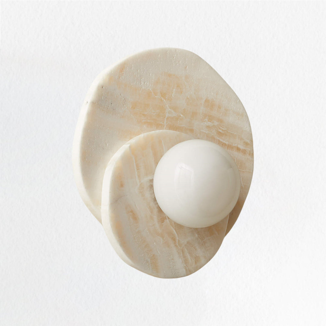 Opaline Cream Sculpture Wall Sconce: Natural Cream Onyx with Opaque White Glass Globe Bulb, Sculptural Design for Living Room, Bathroom, or Bedroom Wall Lighting