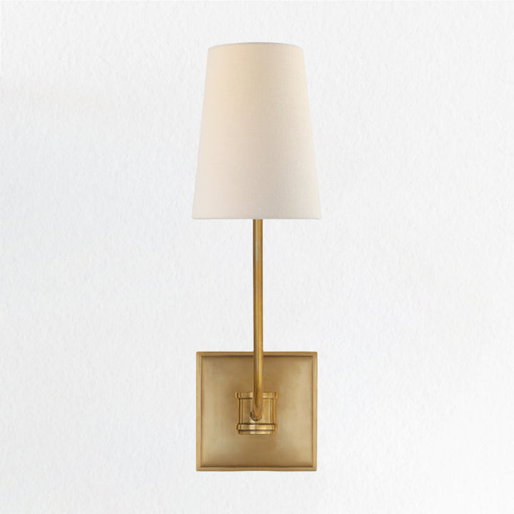 Sophisticate Flare Brass Sconce - Slender Traditional Design with Soft Modern Details and Linen Shade - Elegant Wall Lamp for Your Living Room