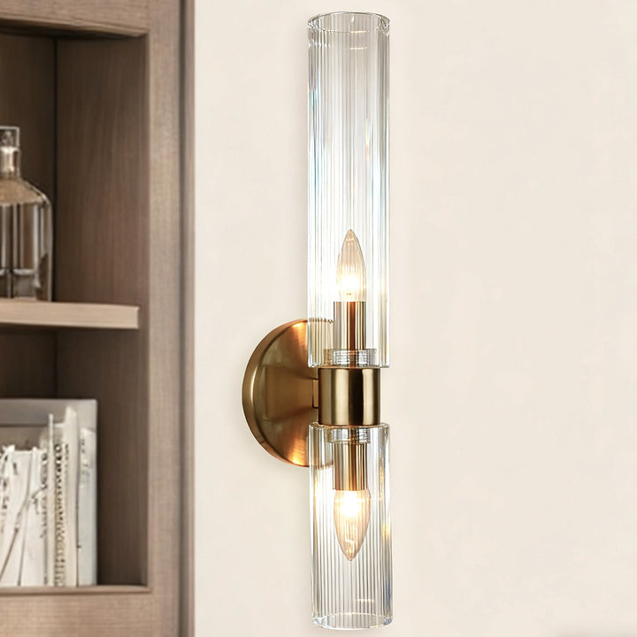 Modern 2-Light Wall Sconce with Clear Fluted Glass, Asymmetrical Double Tube Sconce Wet-rated Bathroom Light Fixture Over Mirror, Hardwired Wall Mount Lamp for Bedroom, Hallway, Living Room