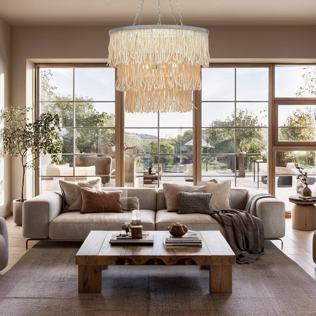 Boho 3-Tiered Fringe Chandelier, Mediterranean Tassel Pendant Light with Decorative Rope, Coastal Farmhouse Hanging Light for Living Room, Dining Room, Bedroom