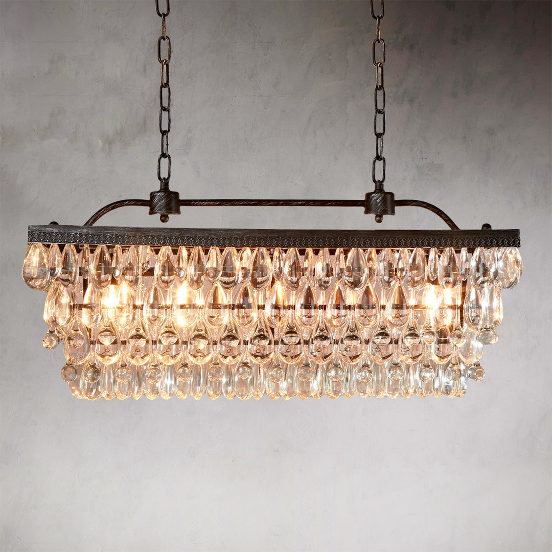 Crystal Raindrop Elegance Rectangular Chandelier - Faceted-Glass Crystals and Rain Drop Display for Dining Room and Living Room Lighting