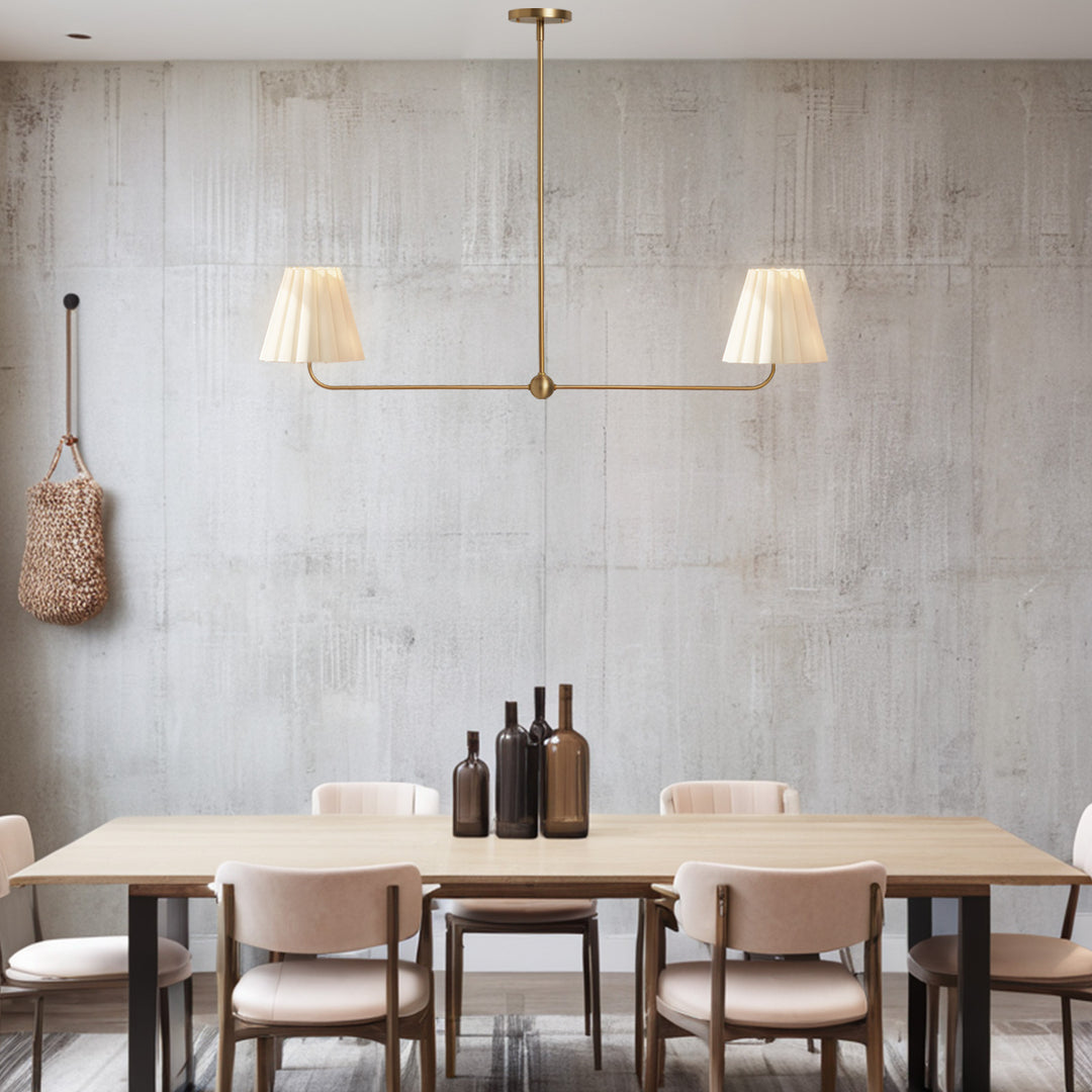 Kitchen Island Lighting with Pleated Linen Shade, 2 Lights Linear Chandelier with Adjustable Height (18-46"), Modern Ceiling Hanging Pendant Light for Dining Room, Living Room, Bedroom