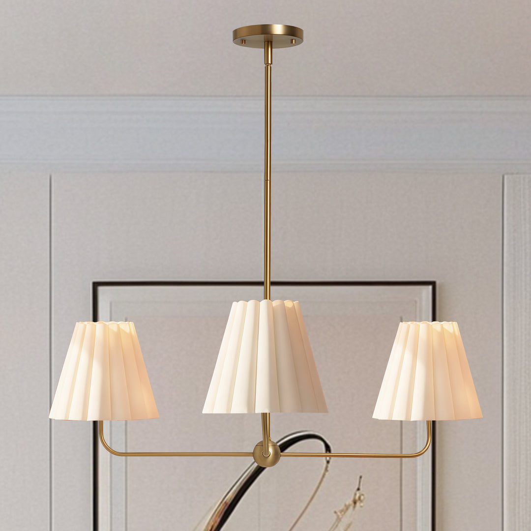 Mid-centry Modern Chandelier with Adjustable Height (18-54"), 3-Light Pendant Light over Table, Scandinavian Kitchen Island Lighting Fixture with Linen Shade for Dining Room Living Room