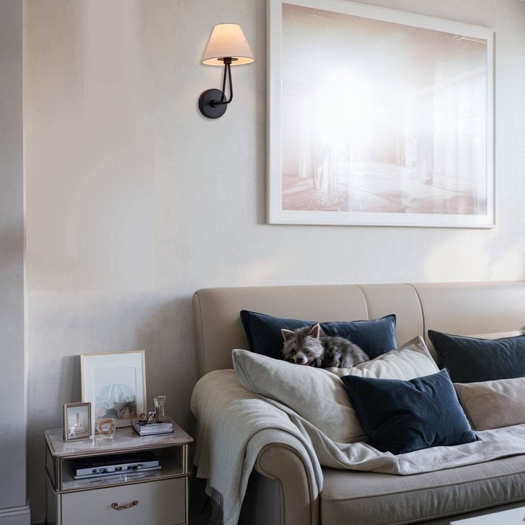 Classic Wall Lighting with Cream Linen Shade, Mid-century Modern Wall Mounted Lamp with Antique Hand-painted Metal Finish, Hardwired Light Fixture for Bedroom, Living Room, Corridor, Entryway