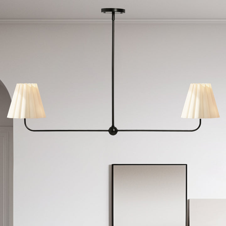 Kitchen Island Lighting with Pleated Linen Shade, 2 Lights Linear Chandelier with Adjustable Height (18-46"), Modern Ceiling Hanging Pendant Light for Dining Room, Living Room, Bedroom