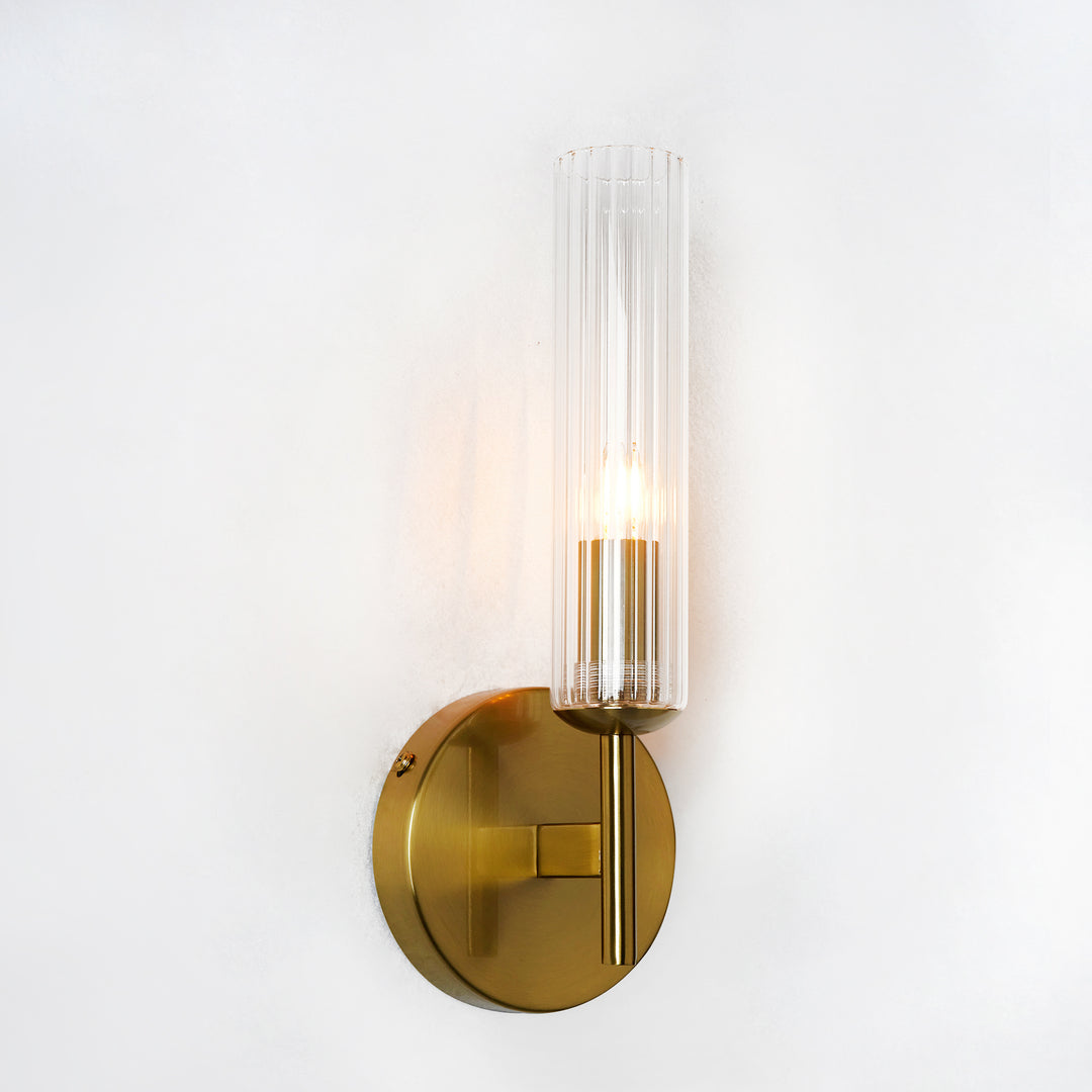 Antique Bronze Tube Sconce with Ribbed Glass Shade and Cylindrical Design for Versatile Indoor Lighting