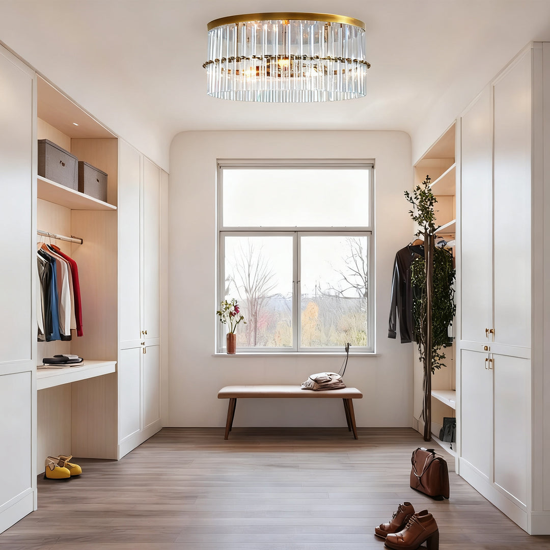 Luminous Steel Craft Flush Mount - Hand-Blown Cut Crystal Glass Shade with Optical Illumination and Tumbled Brass Finish for for Bedroom, Living Room, Dining Room