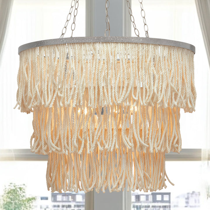 Boho 3-Tiered Fringe Chandelier, Mediterranean Tassel Pendant Light with Decorative Rope, Coastal Farmhouse Hanging Light for Living Room, Dining Room, Bedroom