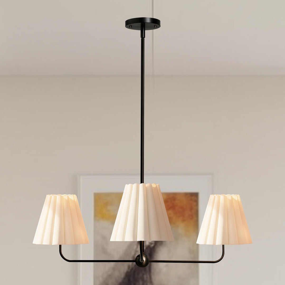 Mid-centry Modern Chandelier with Adjustable Height (18-54"), 3-Light Pendant Light over Table, Scandinavian Kitchen Island Lighting Fixture with Linen Shade for Dining Room Living Room