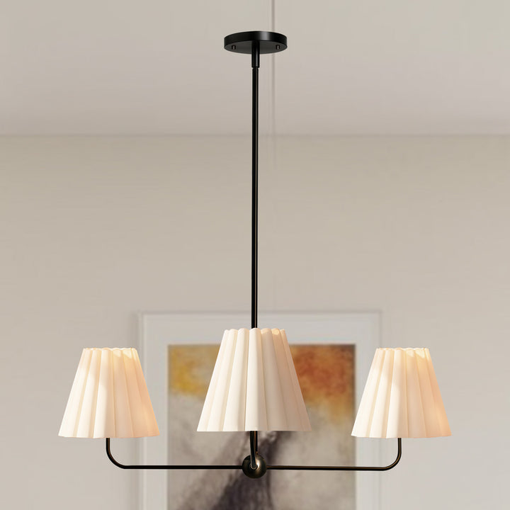 Mid-centry Modern Chandelier with Adjustable Height (18-54"), 3-Light Pendant Light over Table, Scandinavian Kitchen Island Lighting Fixture with Linen Shade for Dining Room Living Room