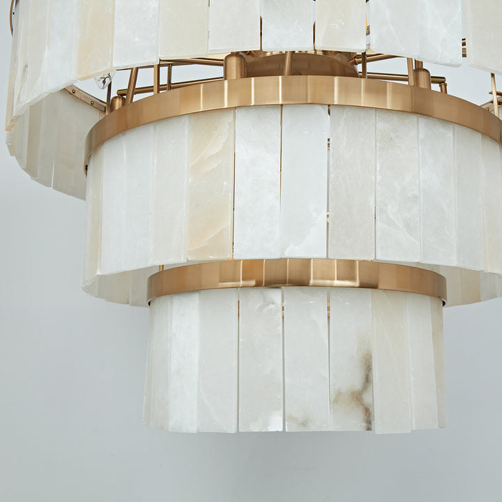 Rustic Alabaster Three-Tier Chandelier with Metal Detailing - A Stunning Rustic Chandelier Featuring Natural Stone - Perfect Hanging Light Fixture for Your Living Room