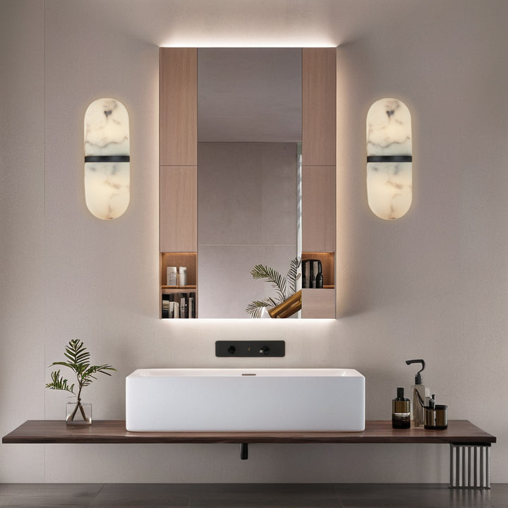 Alabaster Metal Damp Rated Hardwire Sconce - Alabaster and Metal Construction - Ideal for Wall Sconces, Bathroom Sconce, Kitchen Sconce, and Exterior Wall Lights