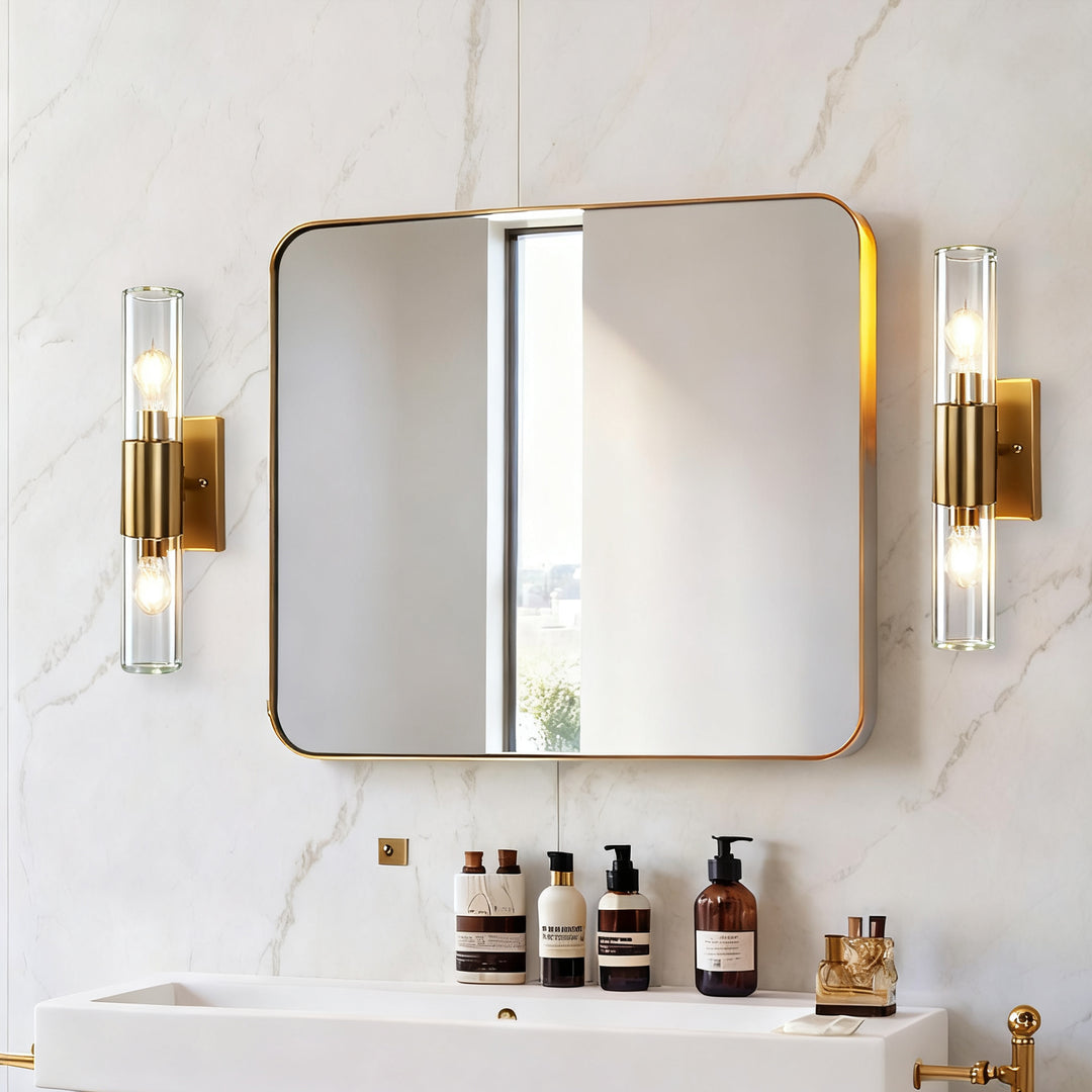 Rustic Geometric Design Double Tube Wall Sconce - Damp Rated Hand-Cut Glass Fixture for Bathroom, Bedroom Wall Sconces, and Wall Lamps