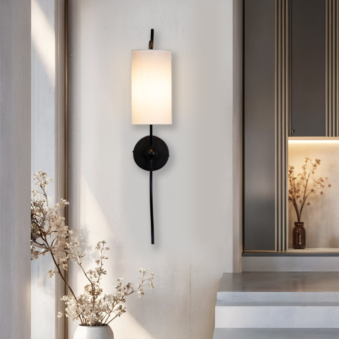 Mid-Century Single Light Wall Sconce with White Linen Shade, Industrial Wall Mounted Lamp with Wavy Black Forged Iron Arm, Hardwired Night Light for Bedroom, Living Room, Hallway