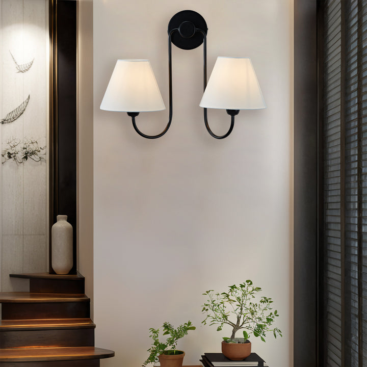 Modern Linen Shade Double Swoop Sconce - Stainless Steel and Oil Brushed Bronze with White Linen Shade - Stylish Moisture Resistant Wall Sconce for Living Room