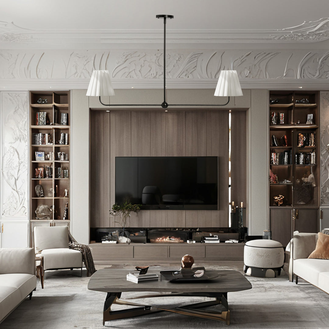 Kitchen Island Lighting with Pleated Linen Shade, 2 Lights Linear Chandelier with Adjustable Height (18-46"), Modern Ceiling Hanging Pendant Light for Dining Room, Living Room, Bedroom