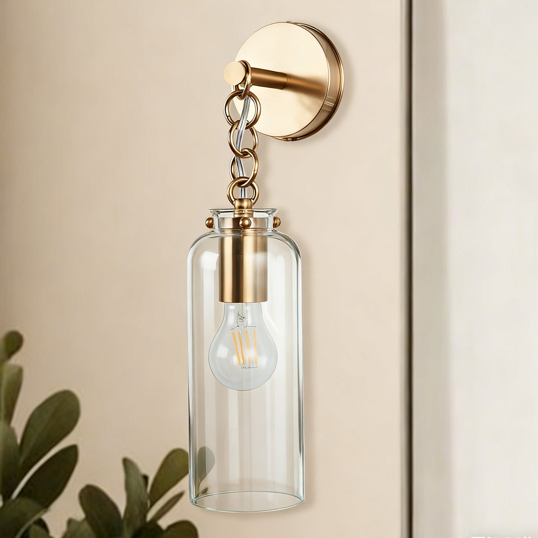 Aged Brass Sconce Wall Lamp, Retro Wall Mounted Lighting with Clear Glass Tube, Decorative Wall Light Fixture for Living Room, Bedroom, Hallway, Kitchen, Staircase