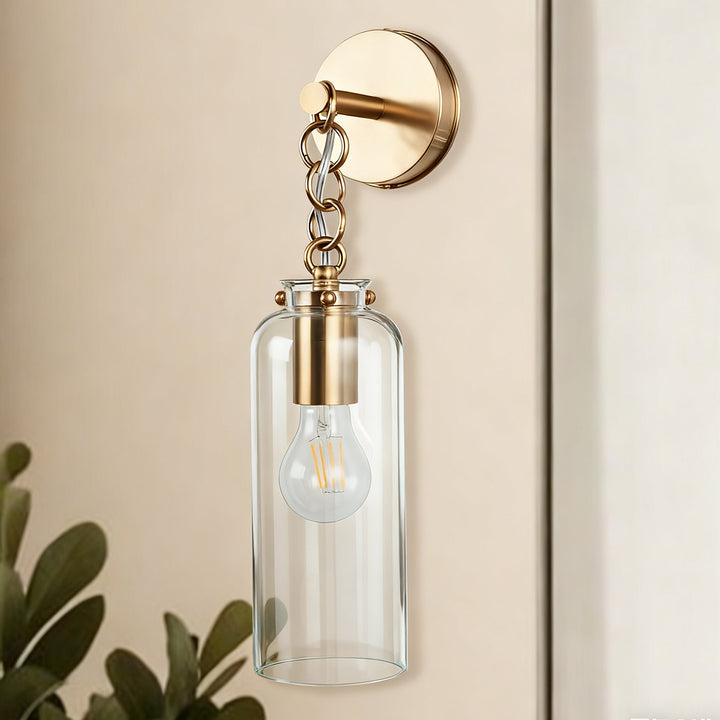 Aged Brass Sconce Wall Lamp, Retro Wall Mounted Lighting with Clear Glass Tube, Decorative Wall Light Fixture for Living Room, Bedroom, Hallway, Kitchen, Staircase