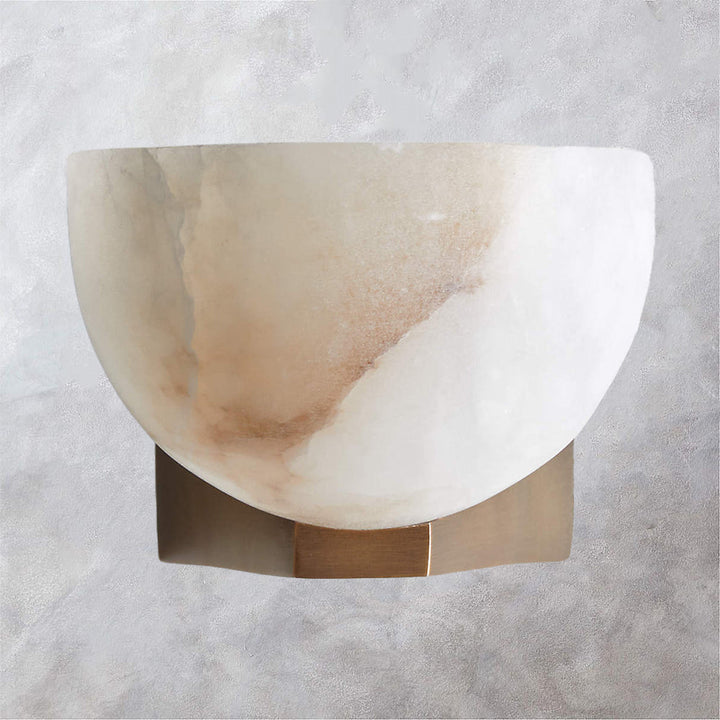 Engraved Elegance Alabaster Sconce: Handcarved Alabaster Wall Light with Globe-like Contours and Burnished Brass for Living Room, Kitchen, or Bedroom Wall Lighting