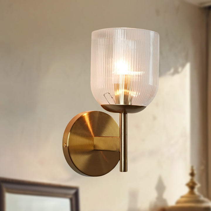 Antique Bronze Bell-Shaped Wall Sconce with Ribbed Glass Shade for Indoor Lighting