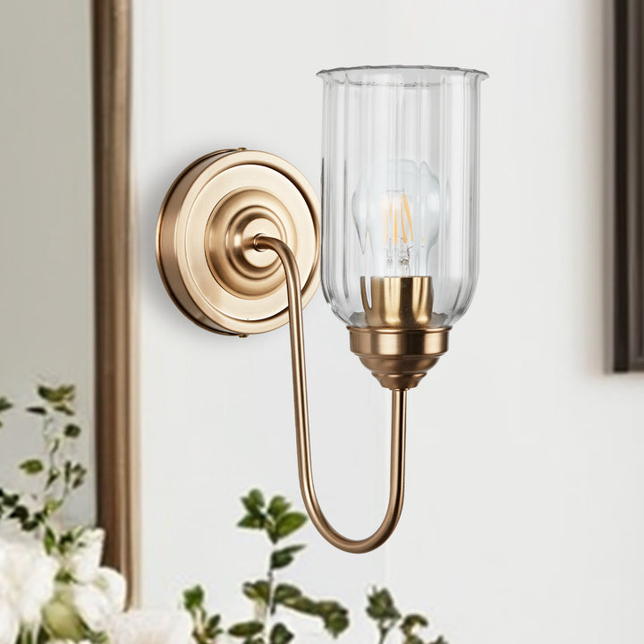 Antique Gooseneck Brass Sconce with Clear Fluted Glass, Gold Wall Mounted Lamp Beside Mirror, Wet-rated Wall Light for Bathroom, Stairs, Kitchen, Hallway, Fireplace (E26 Base)