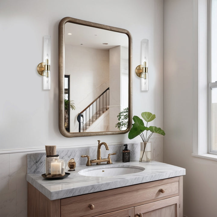 Modern 2-Light Wall Sconce with Clear Fluted Glass, Asymmetrical Double Tube Sconce Wet-rated Bathroom Light Fixture Over Mirror, Hardwired Wall Mount Lamp for Bedroom, Hallway, Living Room