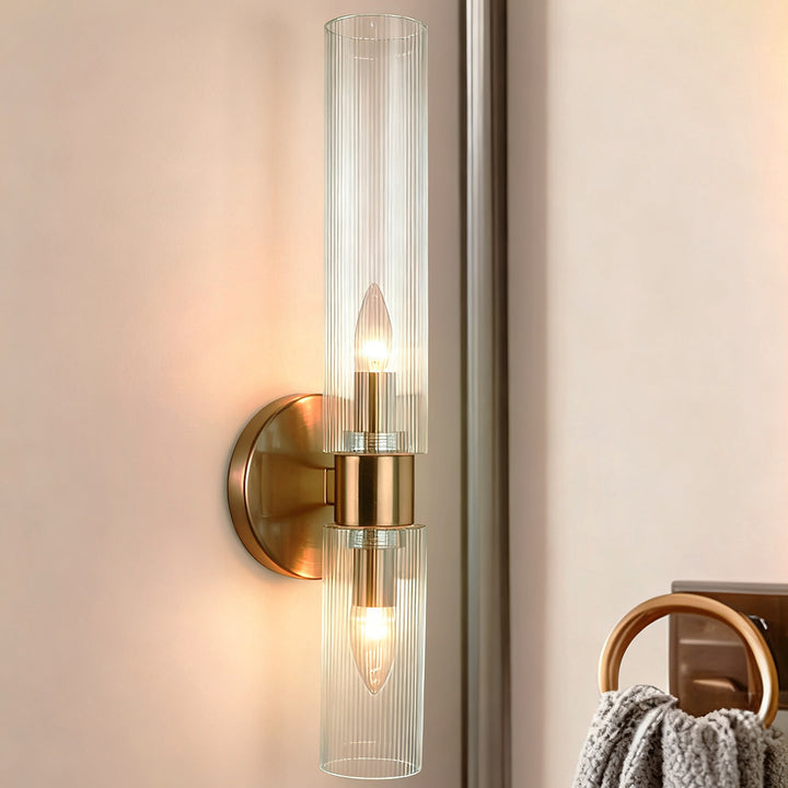 Modern 2-Light Wall Sconce with Clear Fluted Glass, Asymmetrical Double Tube Sconce Wet-rated Bathroom Light Fixture Over Mirror, Hardwired Wall Mount Lamp for Bedroom, Hallway, Living Room
