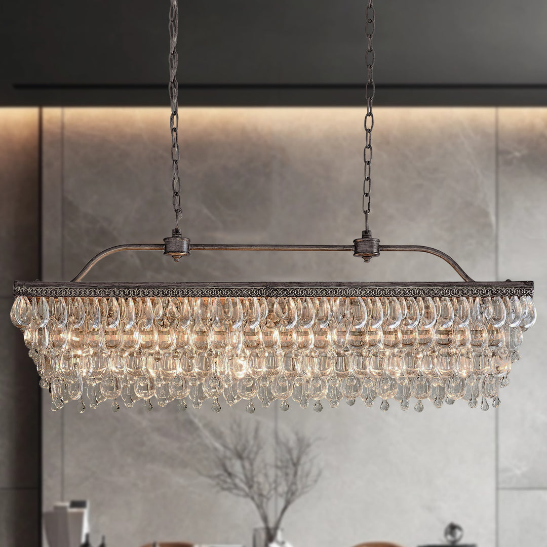 Crystal Raindrop Elegance Rectangular Chandelier - Faceted-Glass Crystals and Rain Drop Display for Dining Room and Living Room Lighting