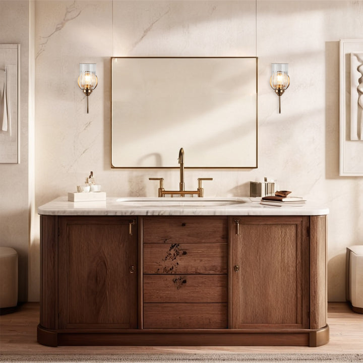 Antique Gooseneck Brass Sconce with Clear Fluted Glass, Gold Wall Mounted Lamp Beside Mirror, Wet-rated Wall Light for Bathroom, Stairs, Kitchen, Hallway, Fireplace (E26 Base)