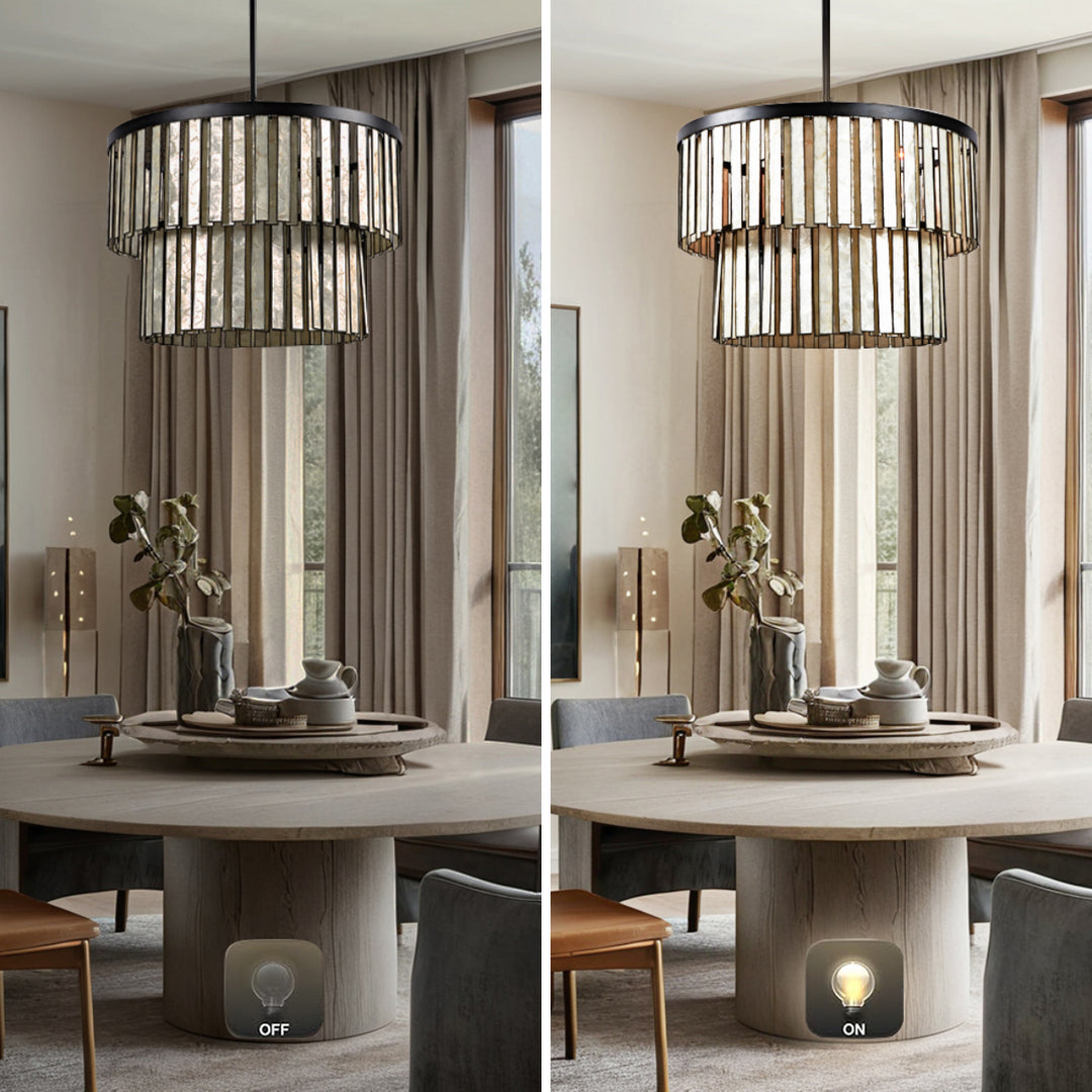 Coastal Astrid Capiz Round Chandelier perfect for a formal dining room, inspired bedroom or casual breakfast nook