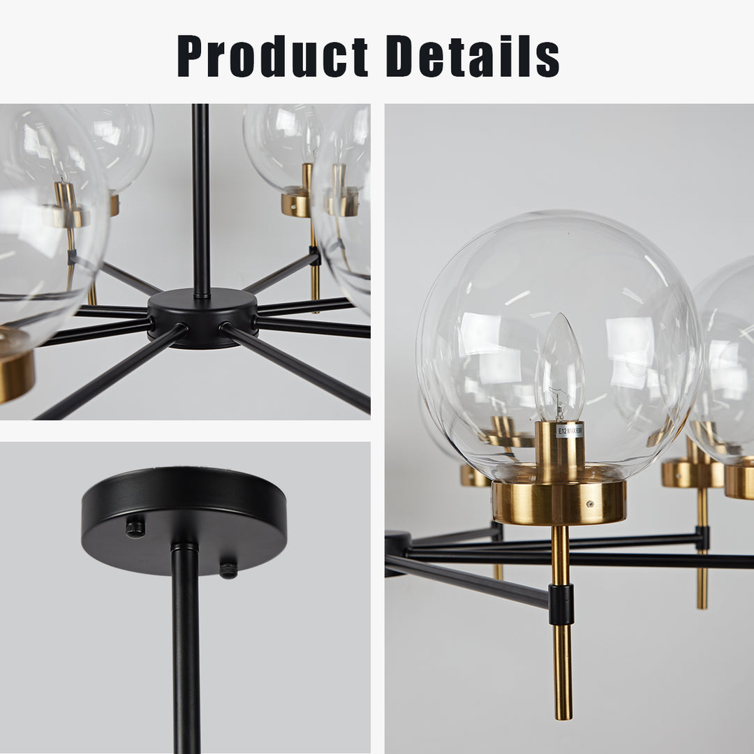 Mid-Century Modern Blown Glass Globe Chandelier - Adjustable Height with Two-Toned Metals for Dining Room, Living Room, and Sitting Room Lighting