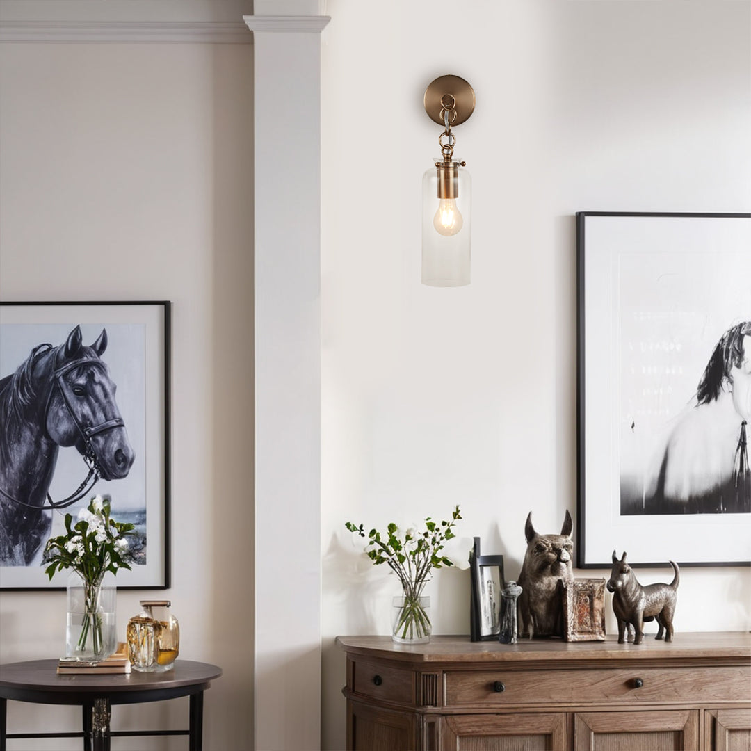 Aged Brass Sconce Wall Lamp, Retro Wall Mounted Lighting with Clear Glass Tube, Decorative Wall Light Fixture for Living Room, Bedroom, Hallway, Kitchen, Staircase