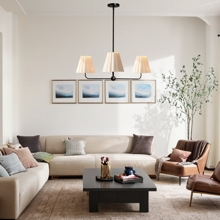 Mid-centry Modern Chandelier with Adjustable Height (18-54"), 3-Light Pendant Light over Table, Scandinavian Kitchen Island Lighting Fixture with Linen Shade for Dining Room Living Room