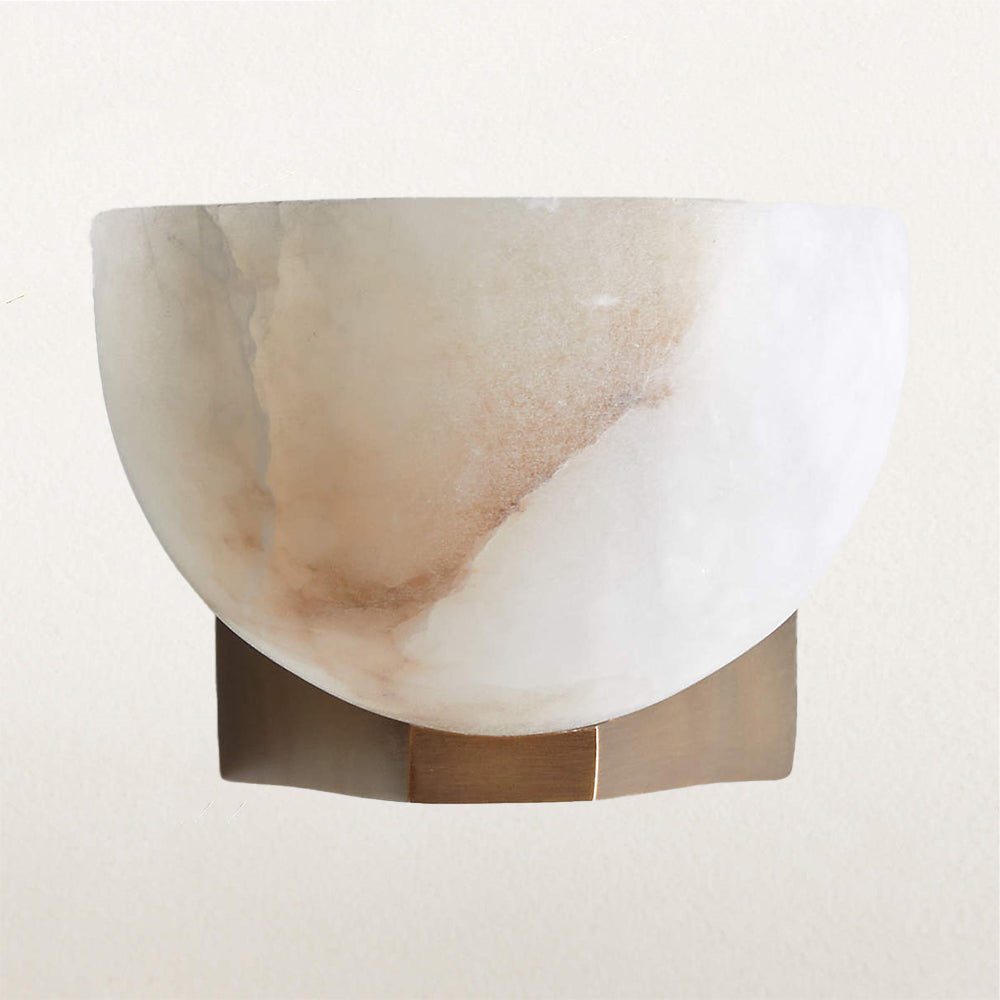 Engraved Elegance Alabaster Sconce: Handcarved Alabaster Wall Light with Globe-like Contours and Burnished Brass for Living Room, Kitchen, or Bedroom Wall Lighting