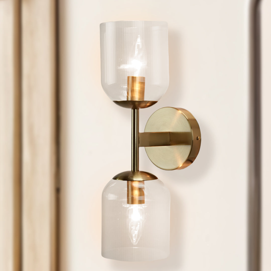 Antique Bronze Double Sconce with Ribbed Glass Shades and Bell-Shaped Design for Durable Indoor Lighting