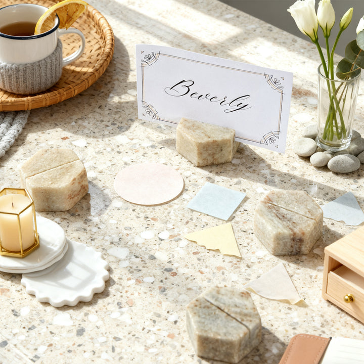 Hexagon Marble Place Card Holders (Set of 4) with Weighted Bases and Precise Slots, Elegant Place Card Holders with Handcrafted Natural Marble, Perfect for Table Decor, Dinner Party, Weddings