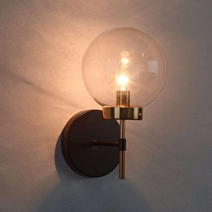 Brass Glow Mid-Century Glass Globe Wall Sconce - Two-Toned Metal and Handblown Clear Glass for Bedroom, Living Room, and Outdoor Lighting