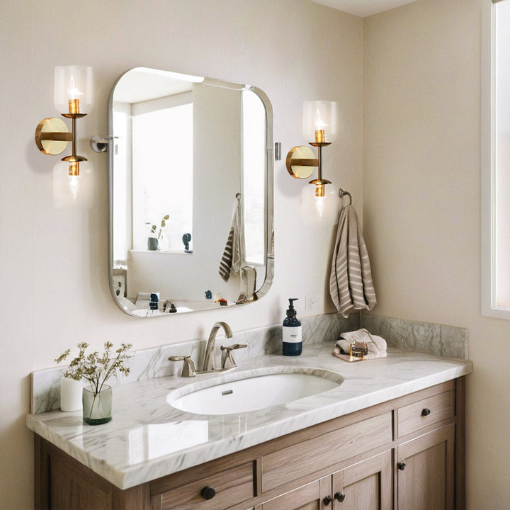 Antique Bronze Double Sconce with Ribbed Glass Shades and Bell-Shaped Design for Durable Indoor Lighting