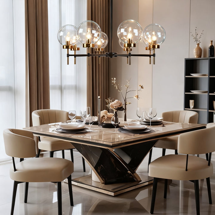 Mid-Century Modern Blown Glass Globe Chandelier - Adjustable Height with Two-Toned Metals for Dining Room, Living Room, and Sitting Room Lighting