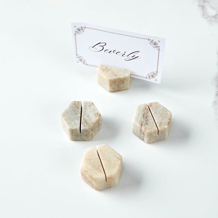 Hexagon Marble Place Card Holders (Set of 4) with Weighted Bases and Precise Slots, Elegant Place Card Holders with Handcrafted Natural Marble, Perfect for Table Decor, Dinner Party, Weddings