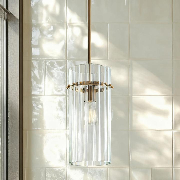 Crystal Fluted Finial Pendant with Tumbled Brass Finish - Hand-Blown Cut Crystal Clear Glass Shade with Fluted Effect and Finial Details for Living Room, Bedroom