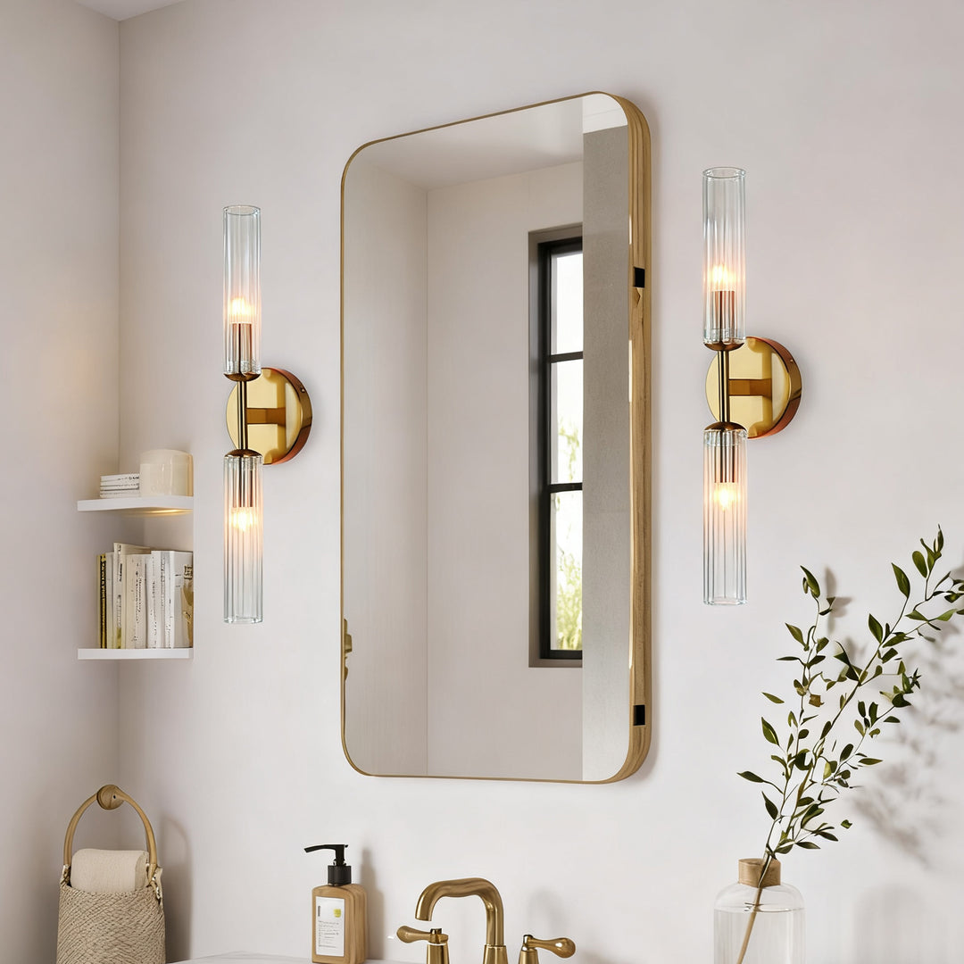 Antique Bronze Double Tube Sconce with Ribbed Glass Shades and Cylindrical Design for Durable Indoor Lighting