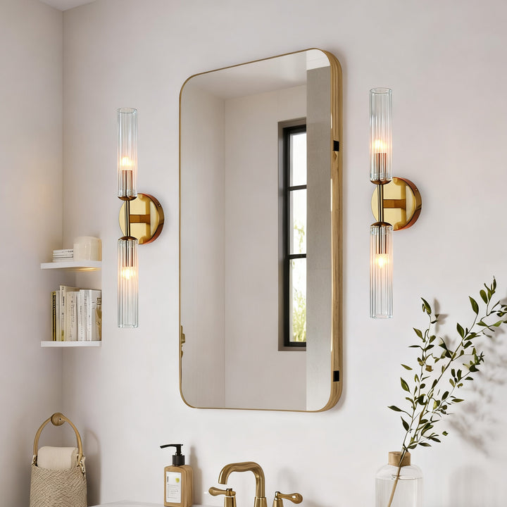 Antique Bronze Double Tube Sconce with Ribbed Glass Shades and Cylindrical Design for Durable Indoor Lighting