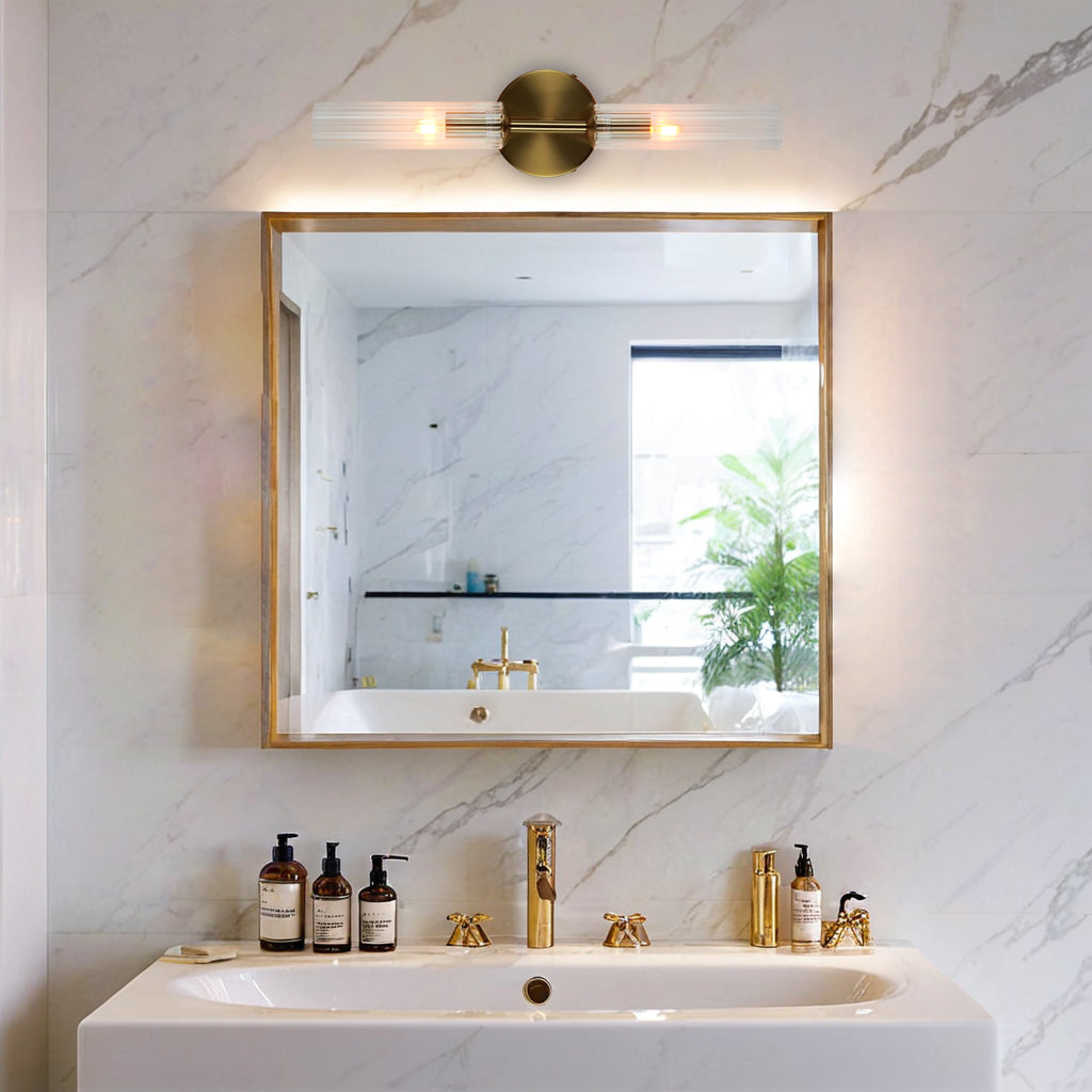 Antique Bronze Double Tube Sconce with Ribbed Glass Shades and Cylindrical Design for Durable Indoor Lighting