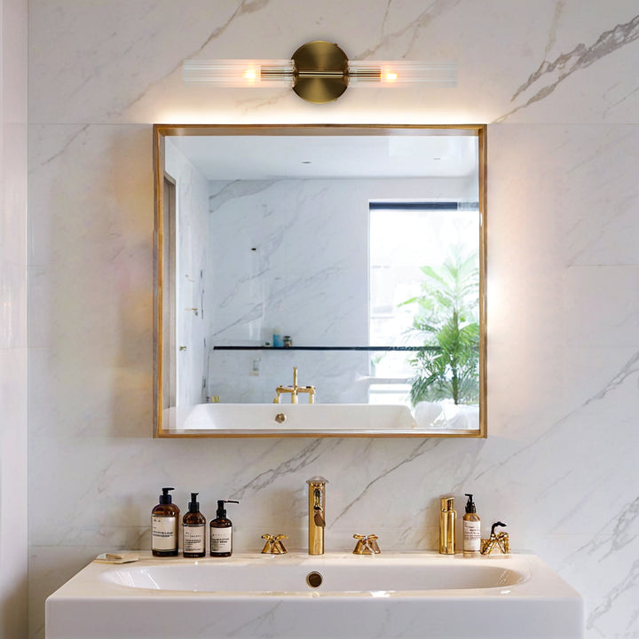 Antique Bronze Double Tube Sconce with Ribbed Glass Shades and Cylindrical Design for Durable Indoor Lighting