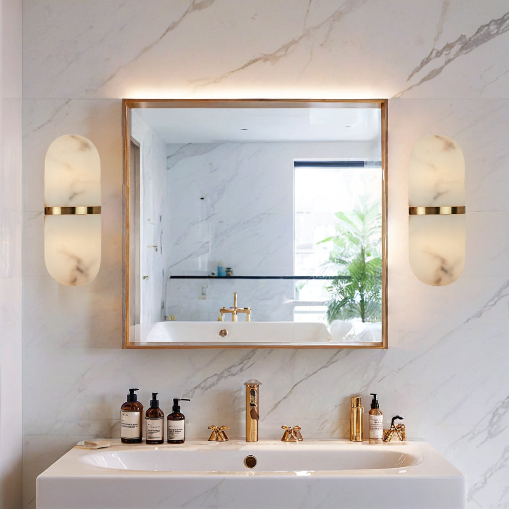 Alabaster Metal Damp Rated Hardwire Sconce - Alabaster and Metal Construction - Ideal for Wall Sconces, Bathroom Sconce, Kitchen Sconce, and Exterior Wall Lights