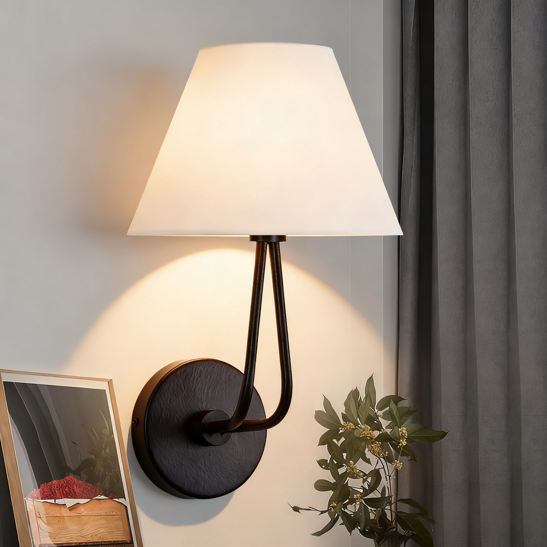 Classic Wall Lighting with Cream Linen Shade, Mid-century Modern Wall Mounted Lamp with Antique Hand-painted Metal Finish, Hardwired Light Fixture for Bedroom, Living Room, Corridor, Entryway